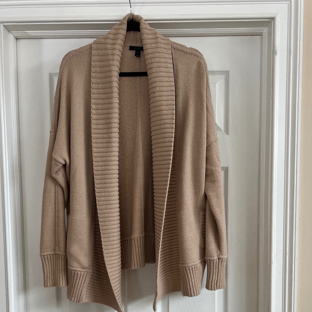 J CREW Shawl-Collar Open-Front Cotton Blend Long Cardigan M/L Khaki